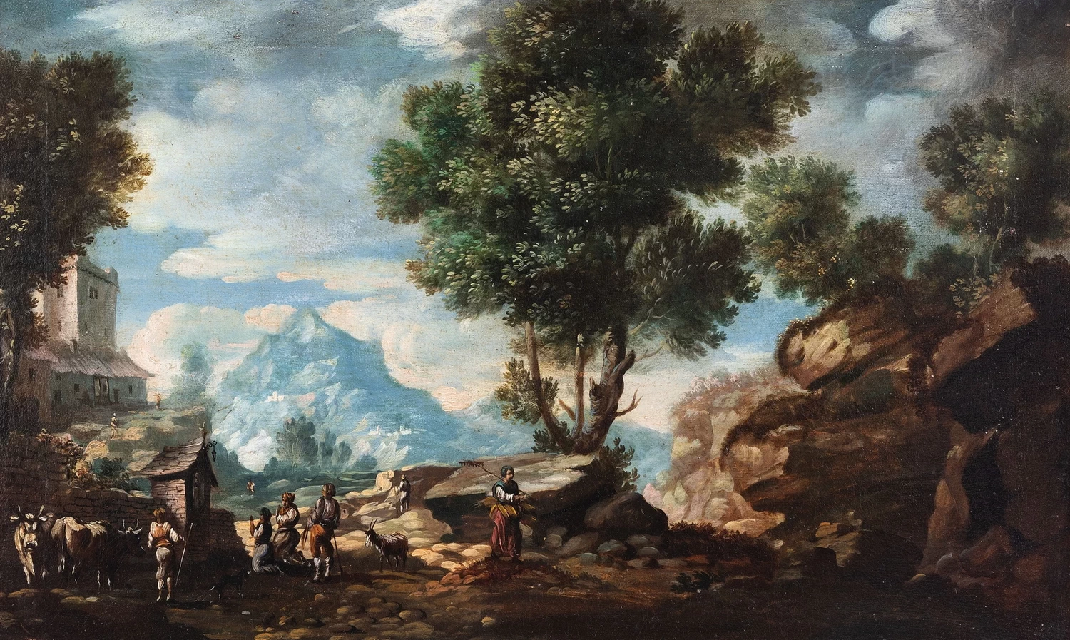 Paesaggio roccioso con animali e figure in preghiera presso un tabernacolo